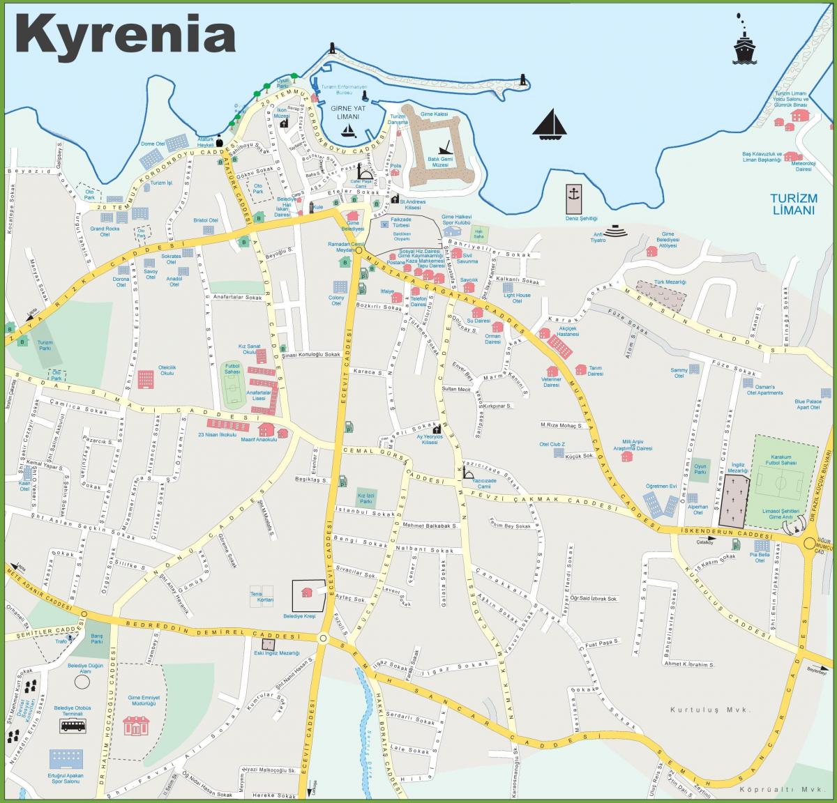 mapa severný Cyprus, kyrenia