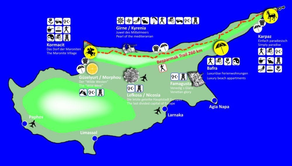 Cyprus turistické chodníky mapu